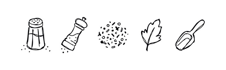 Hand Drawn Kitchen Spice Icons Salt Pepper Herbs and Scoop © liubomir118809