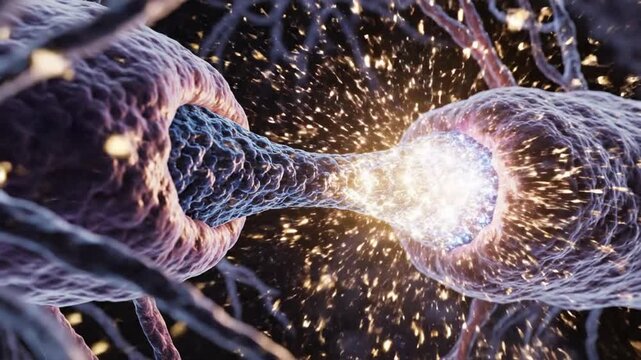 Synapse transmission, neural impulse, brain activity, nerve cell communication.