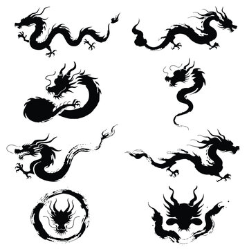 Traditional Japanese Sumi-e Dragon Silhouettes and Ink Brush Ink Set
