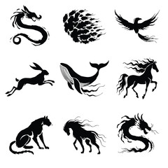 Obraz premium Traditional Japanese Sumi-e Mythological Creatures and Animal Silhouette Set
