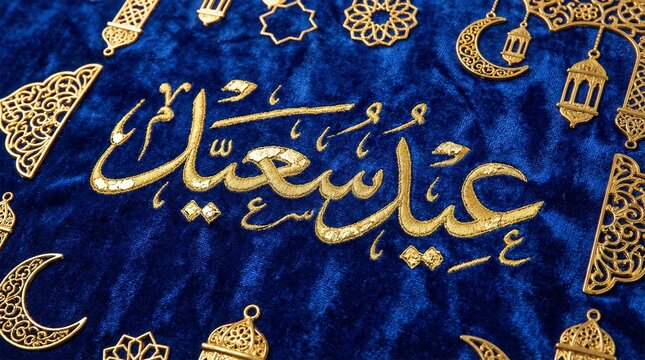 Golden Eid Saeed Arabic Calligraphy on Blue Velvet with Decorative Ornaments