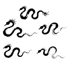 Fototapeta premium Traditional Japanese Sumi-e Dragon, Serpent and Snake Ink Brush Silhouette Set