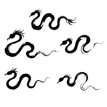 Traditional Japanese Sumi-e Dragon, Serpent and Snake Ink Brush Silhouette Set
