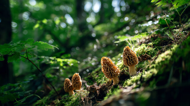 Wild morel mushrooms growing on a forest slope with sunlight beams, cinematic nature photography, vibrant greens