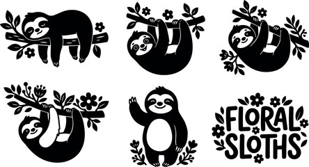 Fototapeta premium Black and white floral sloths playful hanging on branches vector art