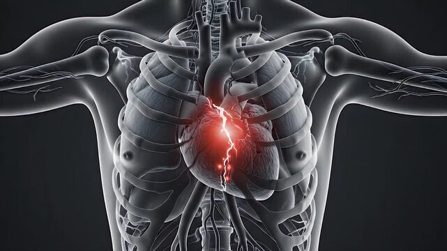 Close up 3D CGI medical animation depicting a failing heart with electrical disturbances and a focal point of blue light symbolizing disease progression on a dark grey background with cinematic