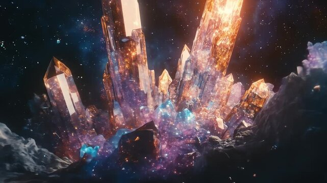 Glowing crystal formation in nebula with cosmic background elements