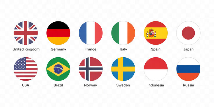 Vector set of 12 circular world flags with country names.