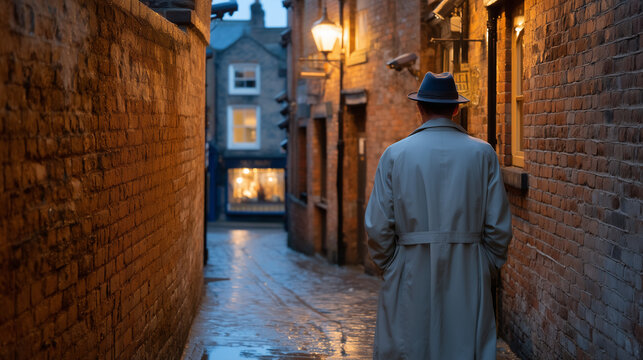 Narrow alley with CCTV cameras mounted at every angle on brick walls, single individual in raincoat mid-stride unaware, lens flare from streetlamp, puddle reflection doubling the cameras, ideal for 