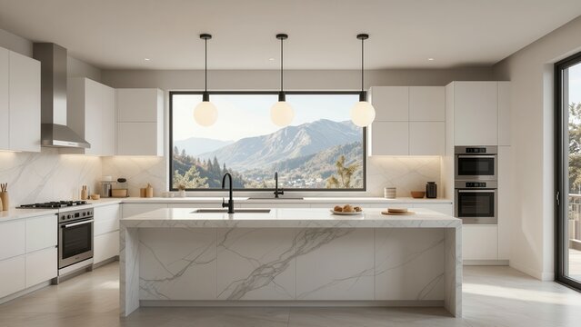 Modern Minimalist Kitchen Interior with White Marble Island, Large Window View of Mountains, Pendant Lights, Stainless Steel Appliances, and Clean Contemporary Design
