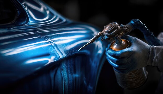 Close-up of a technician using a paintless dent repair tool on a car body panel.