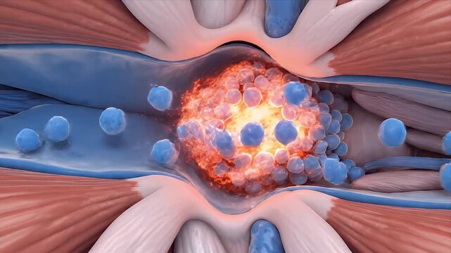 Close Up 3D CGI Medical Animation Rendering Muscle Tissue Surrounding A Blood Vessel With Flowing Blue Spheres And Clotting Formation Educational Healthcare Visualization