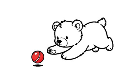 adorable bear cub playing with a ball, soft rounded style, black line art, simple clean vector, white background” © BORHAN