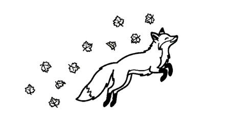 Obraz premium “playful fox jumping with falling leaves, elegant pose, clean black and white outline, minimal vector style, isolated”