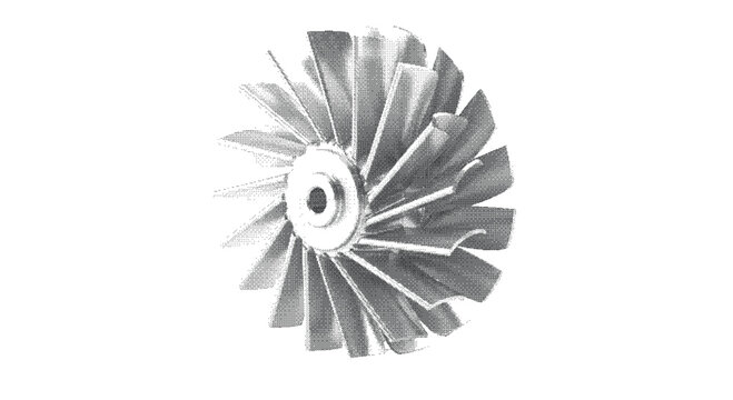 Industrial metal turbine fan impeller with multiple blades isolated on white background for mechanical engineering and jet engine propulsion system concepts