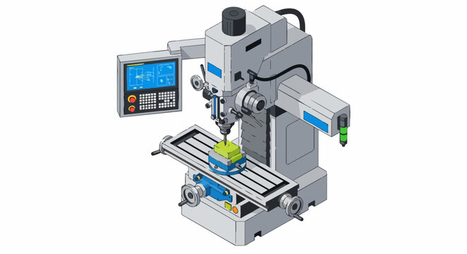 Isometric CNC Milling Machine Illustration for Industrial Manufacturing and Precision Engineering