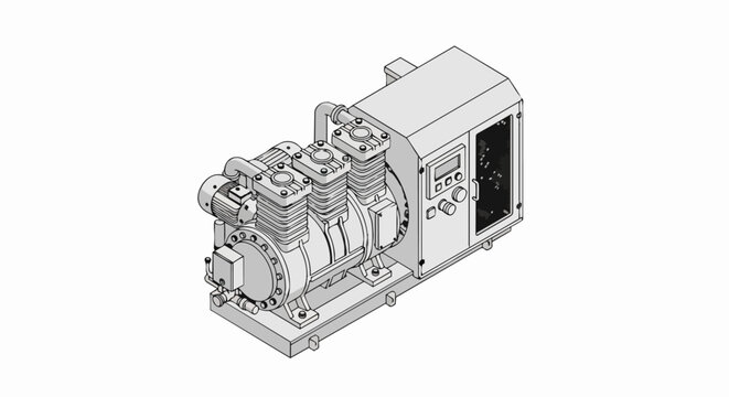 Isometric 3D Industrial Air Compressor Machine with Control Panel, Technical Line Art Illustration on White Background