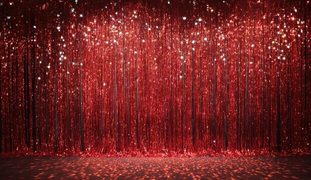 Sparkling Red Sequin Curtain Backdrop with Falling Glitter Effect.