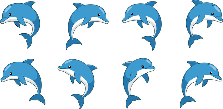 Set of cute cartoon dolphins in different poses jumping and swimming marine animals vector illustration for kids ocean life design