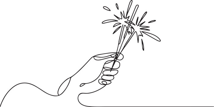 Hand holding fireworks in one continuous line drawing. Party concept. one line Icon drawing