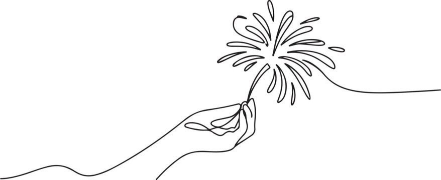Hand holding fireworks in one continuous line drawing. Party concept. one line Icon drawing