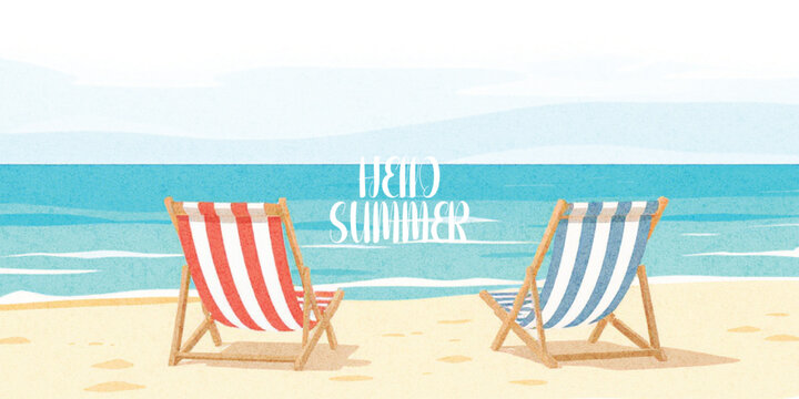 Abstract summer minimal horizontal poster, cover, banner, card with bright sea, blue sky and striped beach chairs. Summer holidays, journey, vacation travel illustration.