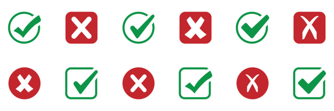 Check mark icon button set. Check box icon with right and wrong buttons and yes or no checkmark icons in green tick box and red cross. Symbols of approval and Decline. vector illustration.