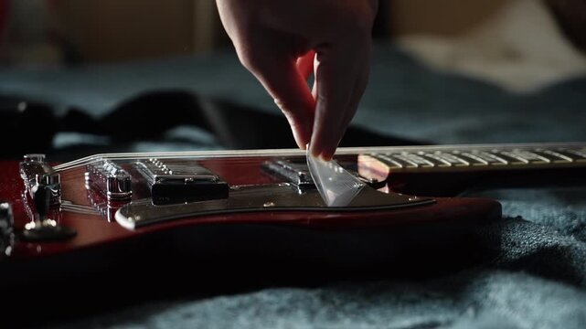 removing removing protective film from new red sg guitar pickguard unpacking
