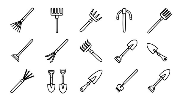 Gardening tools line icon set rake shovel spade vector collection
