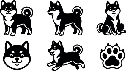 Obraz premium Black and white shiba inu dog icons in various poses with paw print illustration