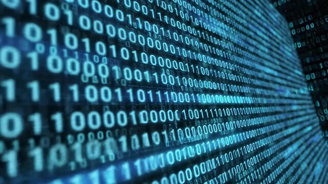 Futuristic Digital Matrix with glowing blue binary code numbers scrolling on a dark screen ideal for cybersecurity and big data technology concepts.