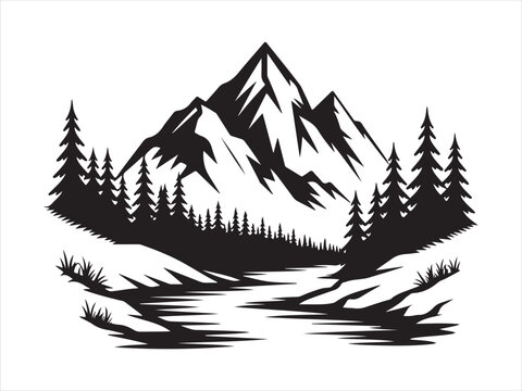 Bold black silhouette illustration vector of mountain landscape depicting peaks river and pine trees, nature vector illustration
