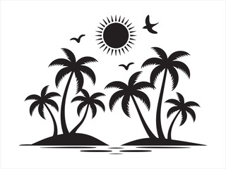 Obraz premium Silhouette of tropical islands with palm trees and sun summer beach vector illustration