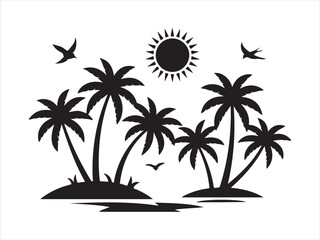 Obraz premium Silhouette of tropical islands with palm trees and sun summer beach vector illustration