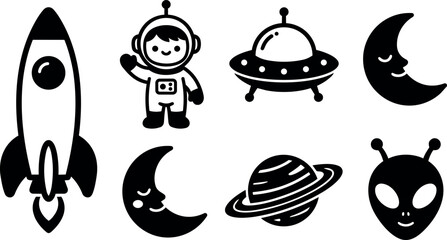 Fototapeta premium Black and white space icons with rocket astronaut alien ufo moon and planet