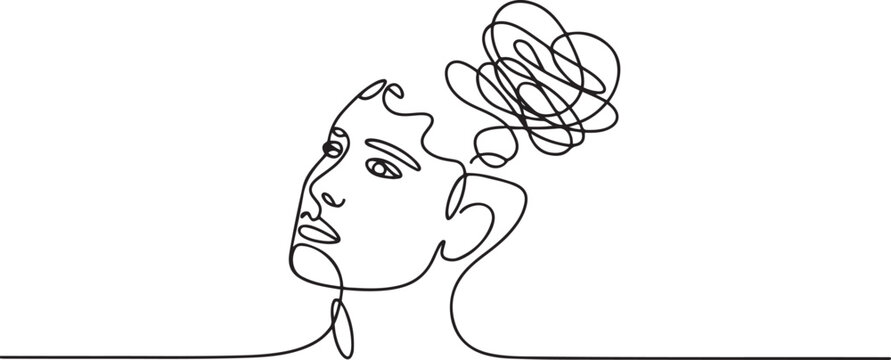 Head with confused think. Continuous one line drawing. People Mental health issue concept. one line Icon drawing
