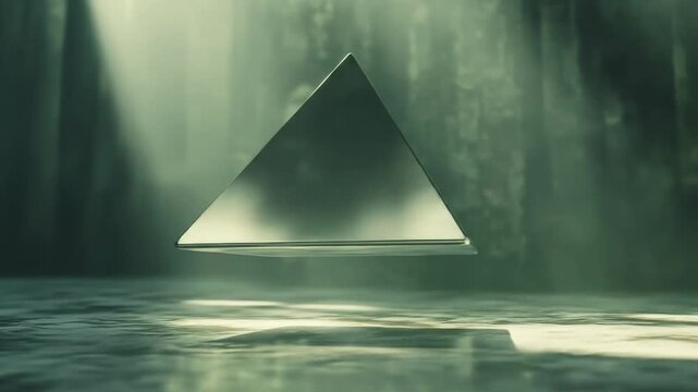 Abstract pyramid floating in misty environment with dramatic lighting
