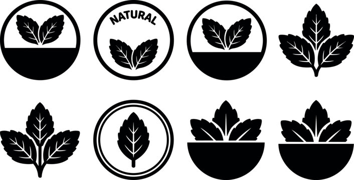 Black and white natural leaf icons collection with circular borders and half circle backgrounds