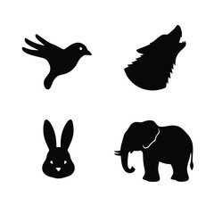 Obraz premium Collection of black animal silhouettes: bird, howling wolf, rabbit, and elephant on white background.