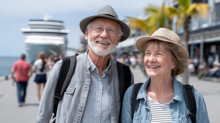 Obraz premium Happy couple enjoying a stroll at the harbor with a cruise ship in the background