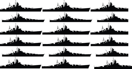 Battleship silhouettes collection, naval warships set, military navy fleet, sea defense vessels, maritime combat ships, ocean transport, vector illustration © Mehedi