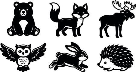 Obraz premium Black and white woodland animal icons including bear fox moose owl rabbit and hedgehog