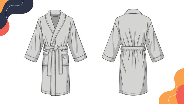 Technical flat sketch of comfortable grey cotton bathrobe with shawl collar and belt waist tie shown in front and back views for fashion design.