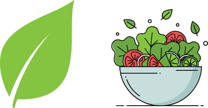 Healthy salad bowl and green leaf icon fresh organic food concept vector illustration design element