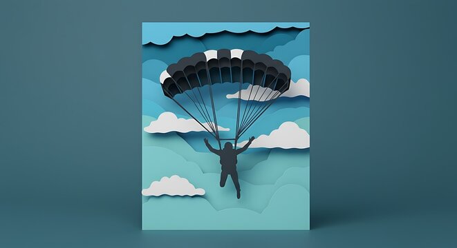 3D layered paper cut of a skydiving silhouette against a blue paper sky with white clouds