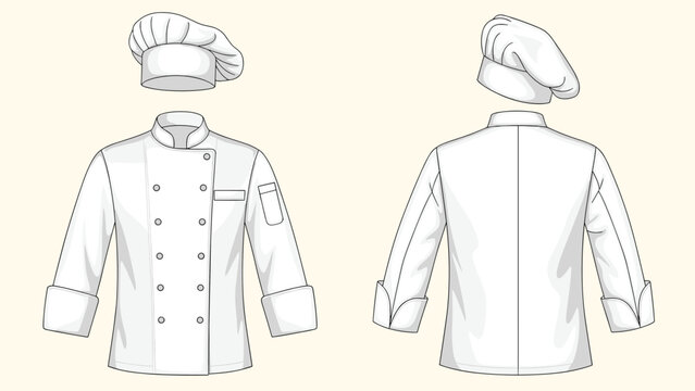 Professional chef uniform set featuring a double-breasted white jacket and pleated toque hat in technical flat sketch for culinary apparel design.