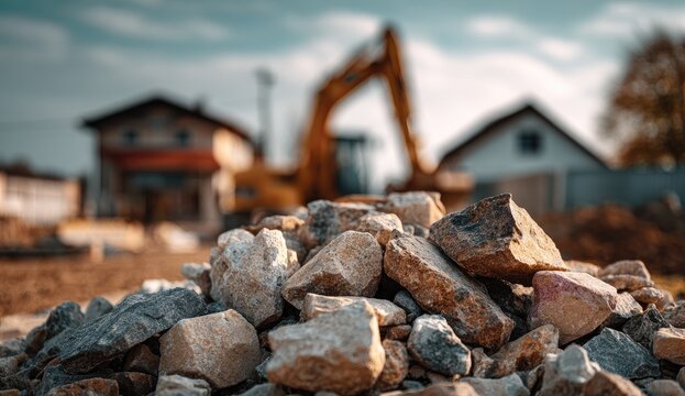 Construction Site Pile of Rocks with Excavator in Background.