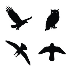 Fototapeta premium Black silhouettes of various birds including an eagle in flight, a perched owl, and other birds of prey, isolated on a white background.