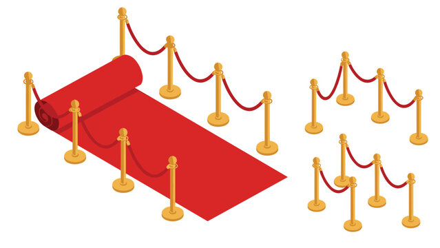 Luxurious red carpet entrance with gold stanchions and red velvet ropes in isometric view for VIP events, awards ceremonies, and red carpet premieres.