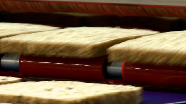  bread on conveyor belt in sandwich factory